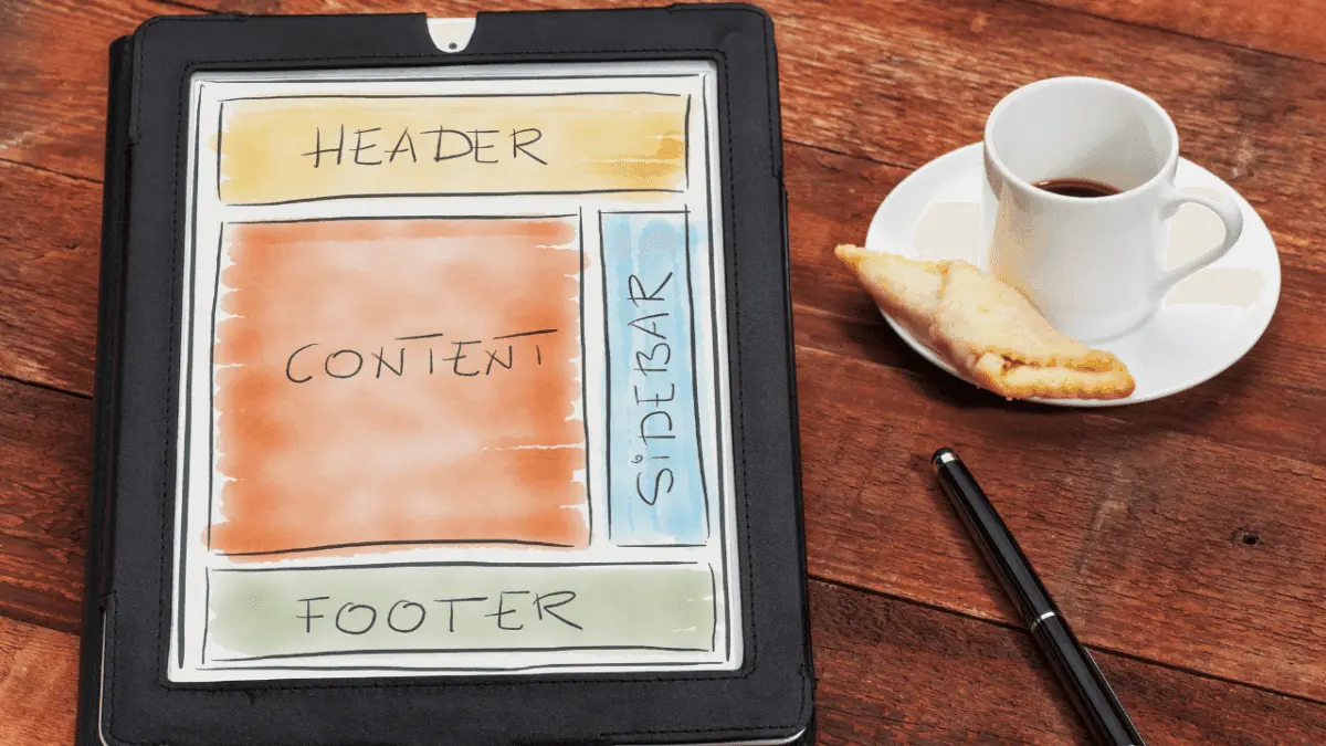 Tablet displaying a colorful website wireframe layout with header, content, sidebar, and footer