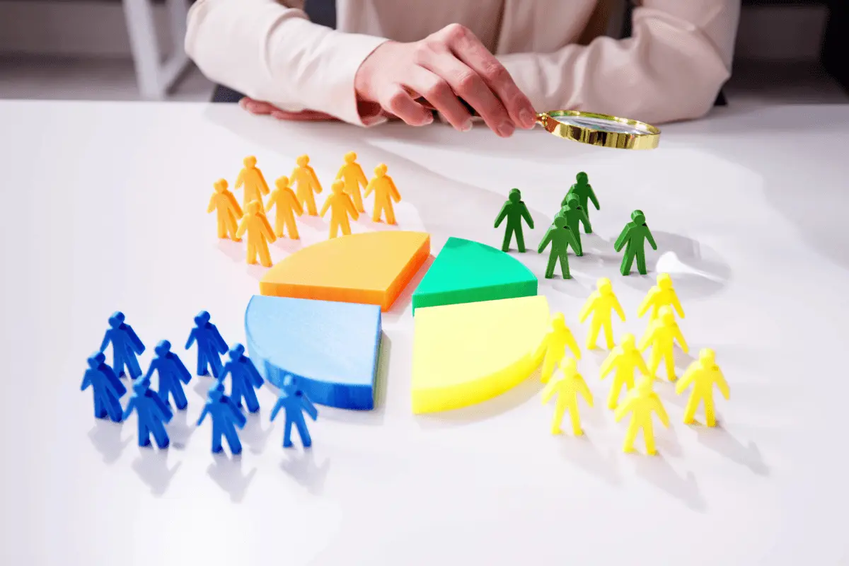 Person using magnifying glass to examine colorful pie chart with groups of miniature people figures