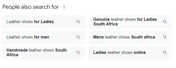 An image showcasing related searches on Google of the word "leather shoes."