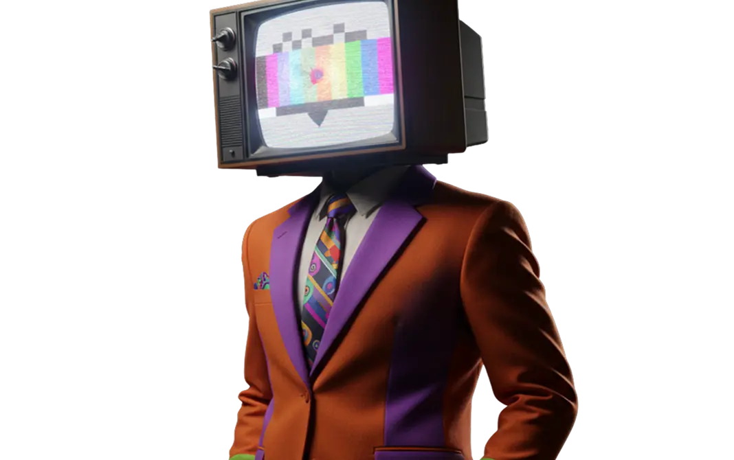 Surreal television-headed character wearing colourful formal clothing.