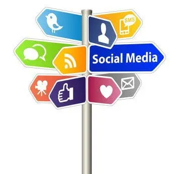 Colorful signpost with arrows displaying various social media icons, including Twitter, messaging