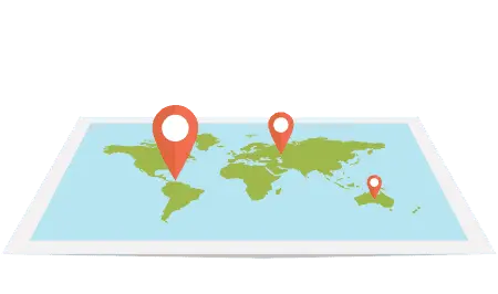 Flat world map illustration with red location pins marking points in South America, Europe, and