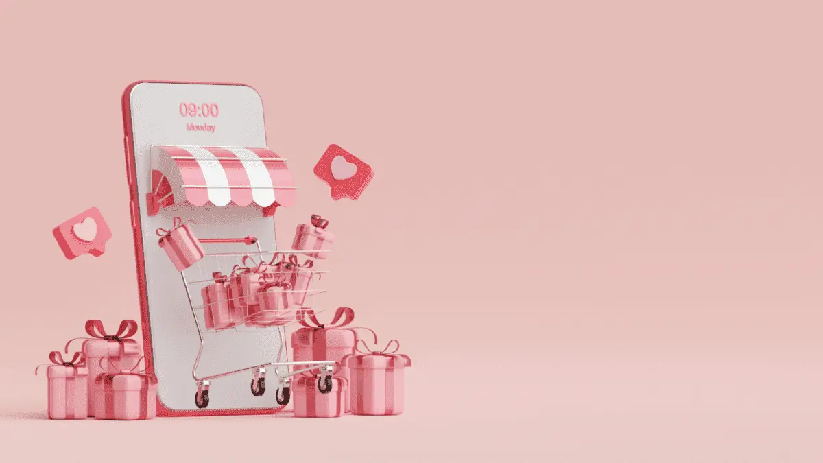 3D illustration of a smartphone with a striped shop canopy, shopping cart full of pink gift boxes