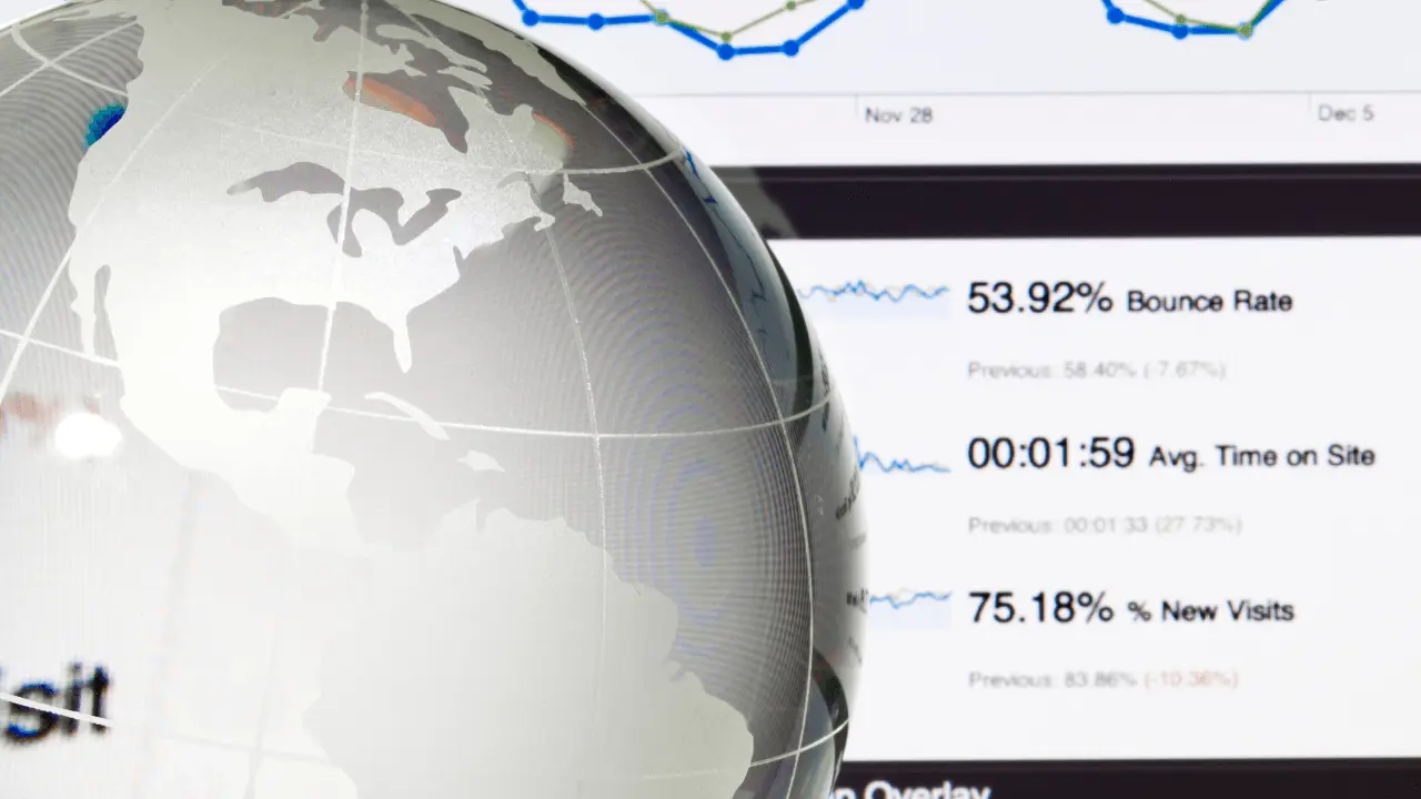 Globe overlay with website analytics showing bounce rate, time on site and visits