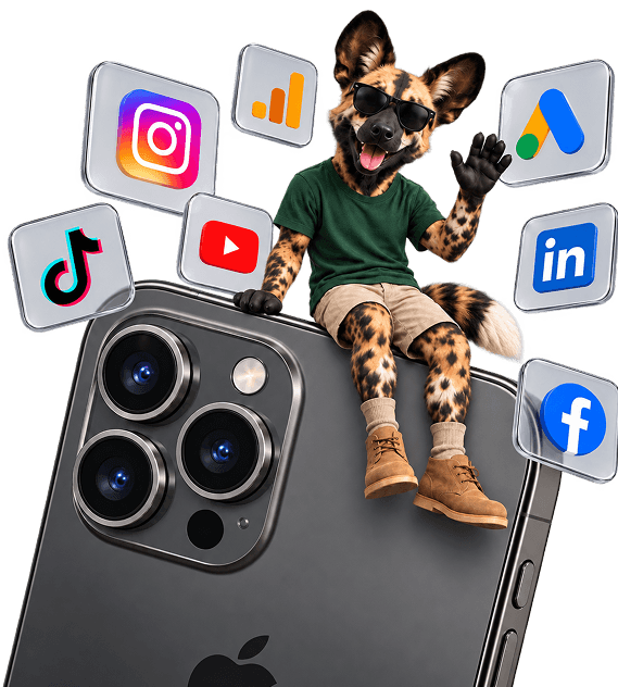 Dog character surrounded by social media and digital platform icons.